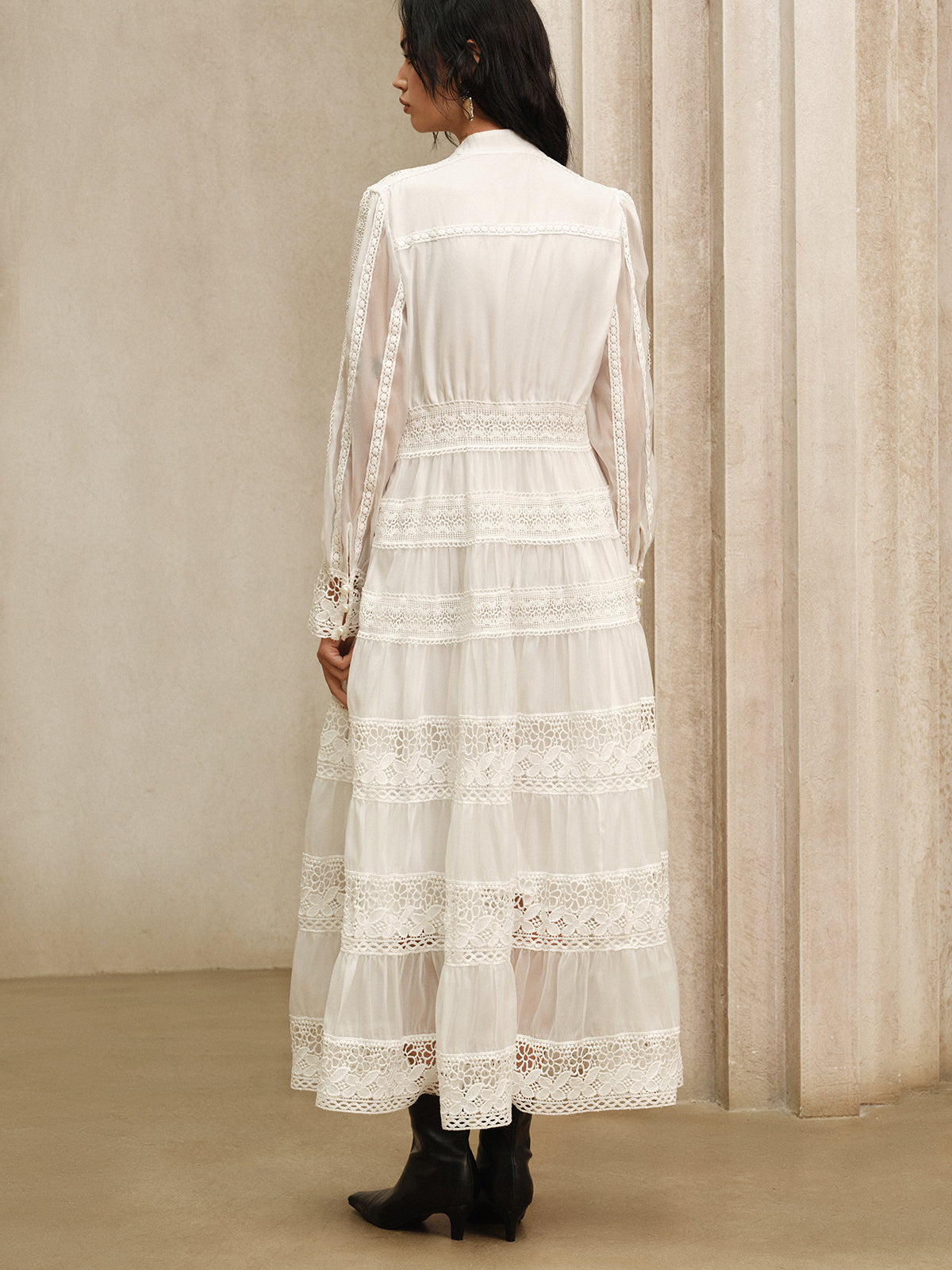 Semi-Sheer Lace Panel Maxi Dress White Long Sleeve Boho