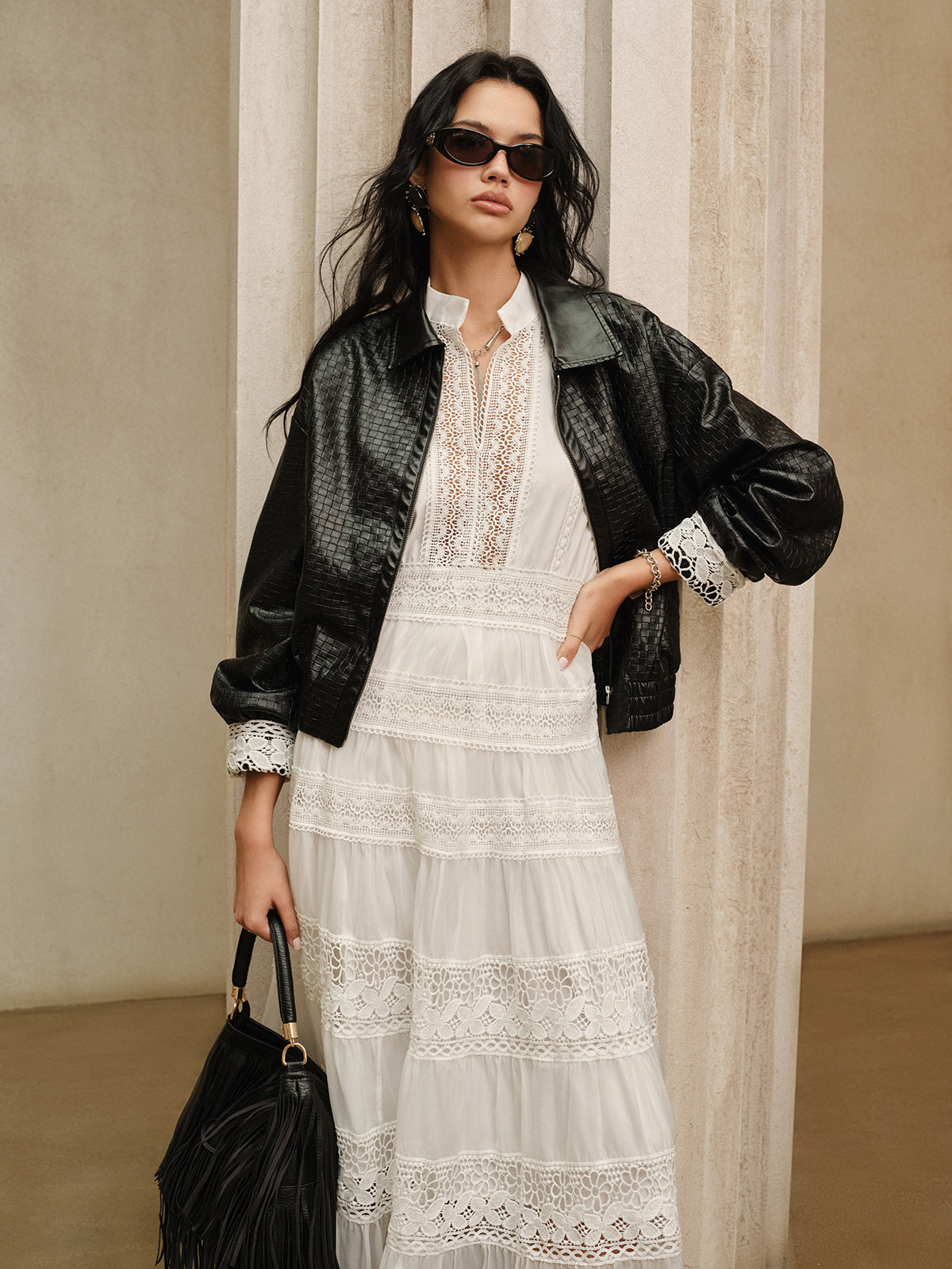 Semi-Sheer Lace Panel Maxi Dress White Long Sleeve Boho