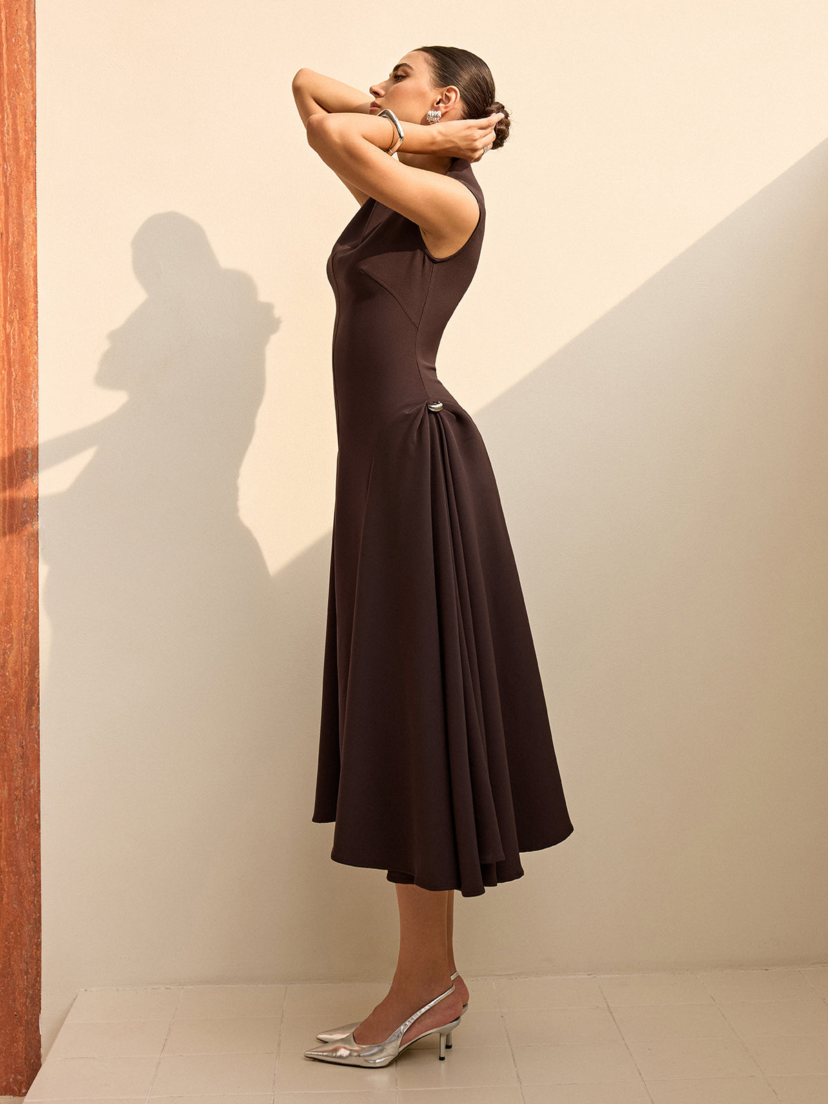Asymmetrical Neck Sleeveless Maxi Dress with Invisible Zipper Detail