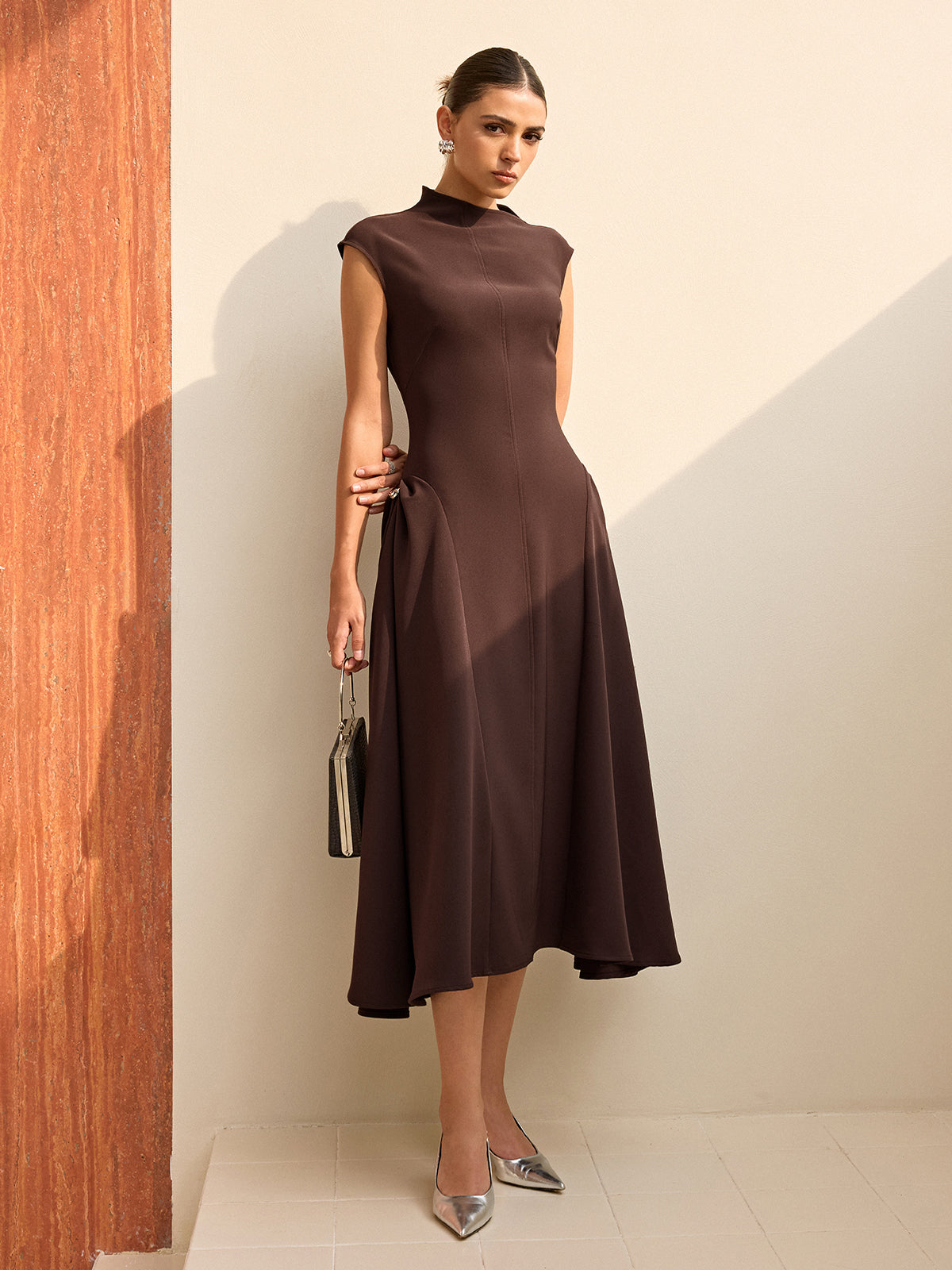 Asymmetrical Neck Sleeveless Maxi Dress with Invisible Zipper Detail
