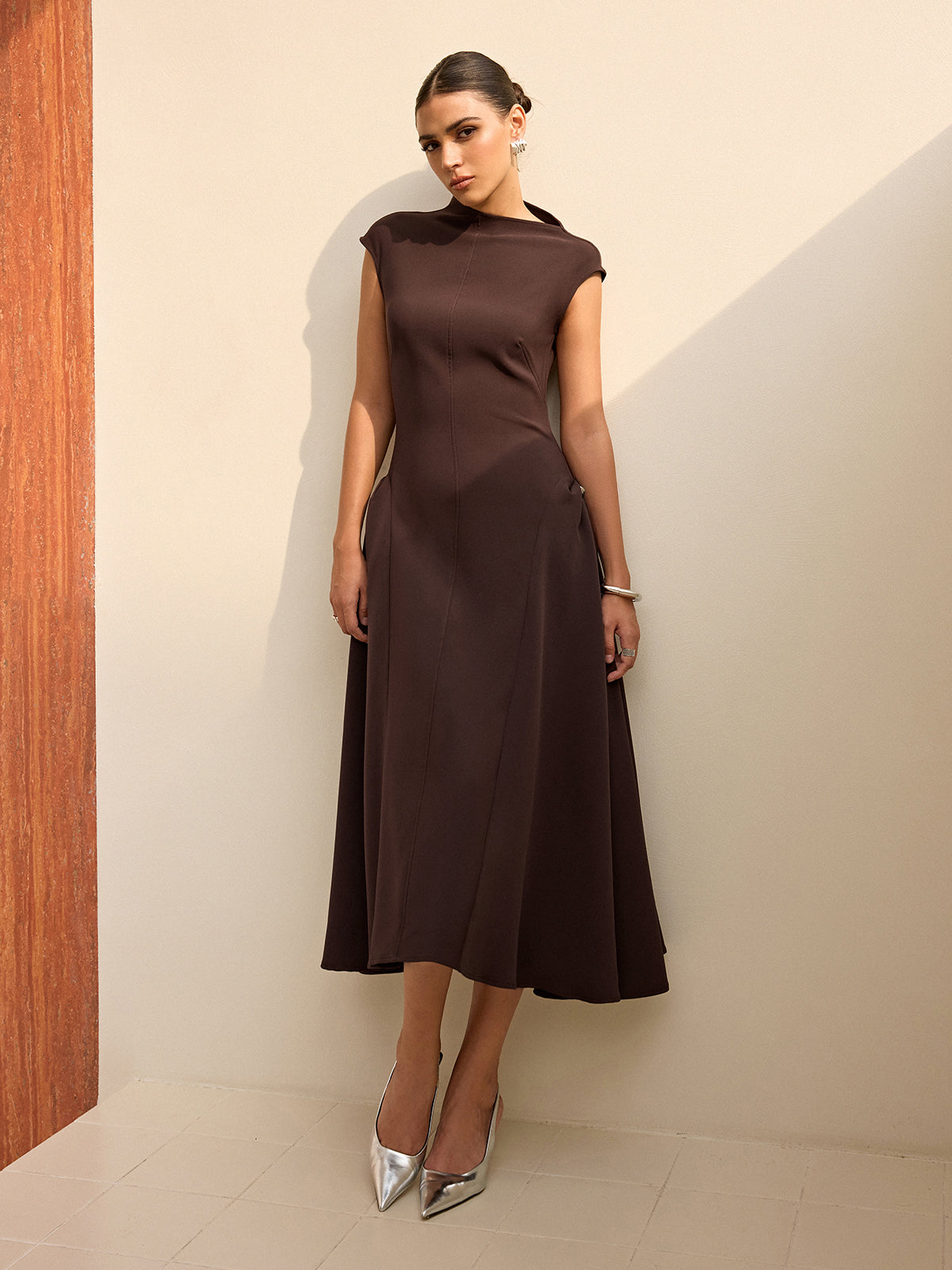 Asymmetrical Neck Sleeveless Maxi Dress with Invisible Zipper Detail