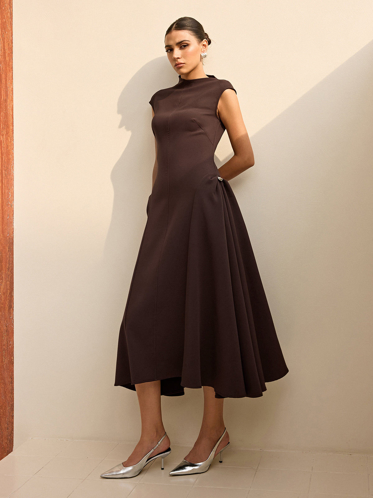 Asymmetrical Neck Sleeveless Maxi Dress with Invisible Zipper Detail