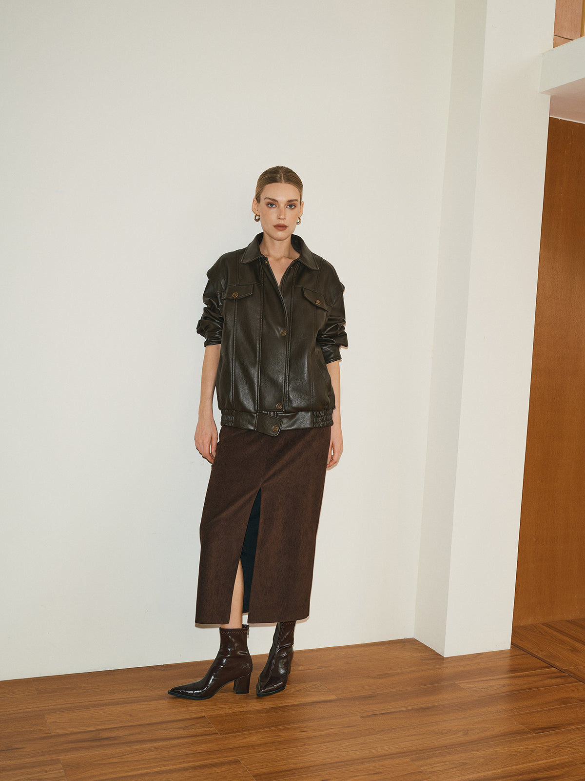 Dark Brown Lapel PU Leather Jacket with Faux Fur Lining