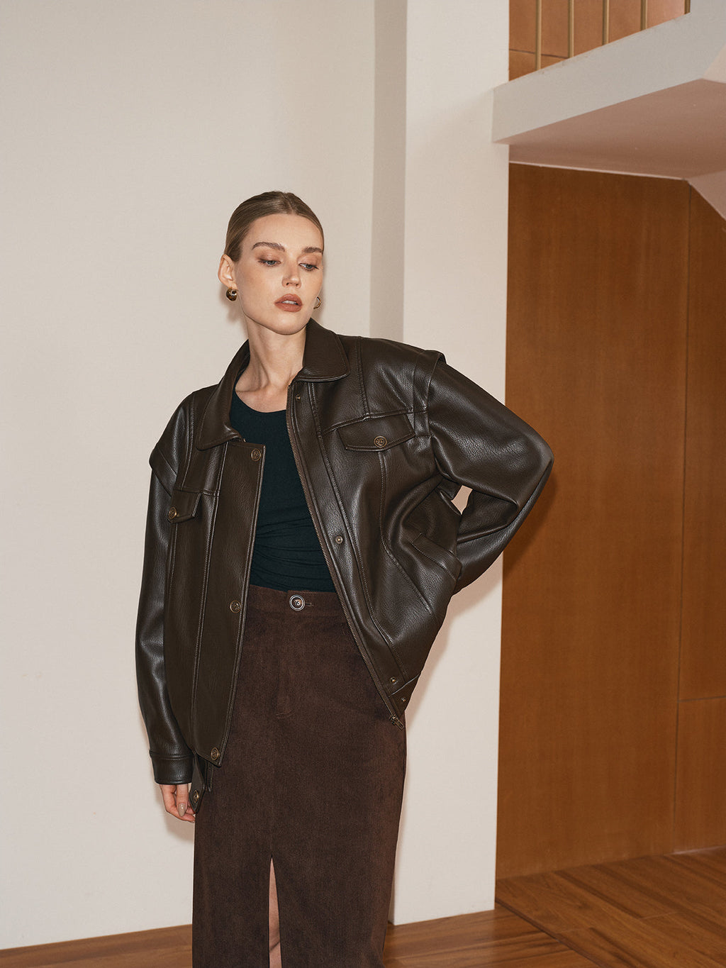 Dark Brown Lapel PU Leather Jacket with Faux Fur Lining