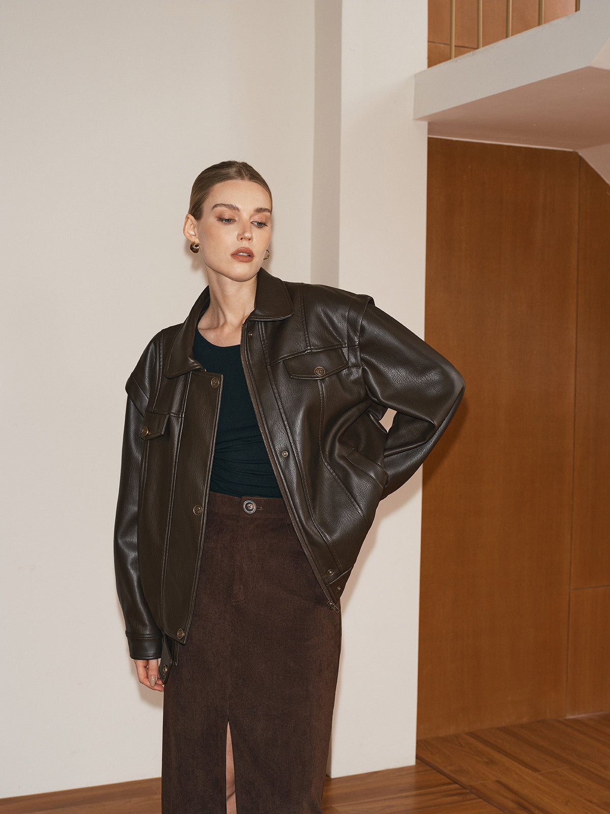 Dark Brown Lapel PU Leather Jacket with Faux Fur Lining