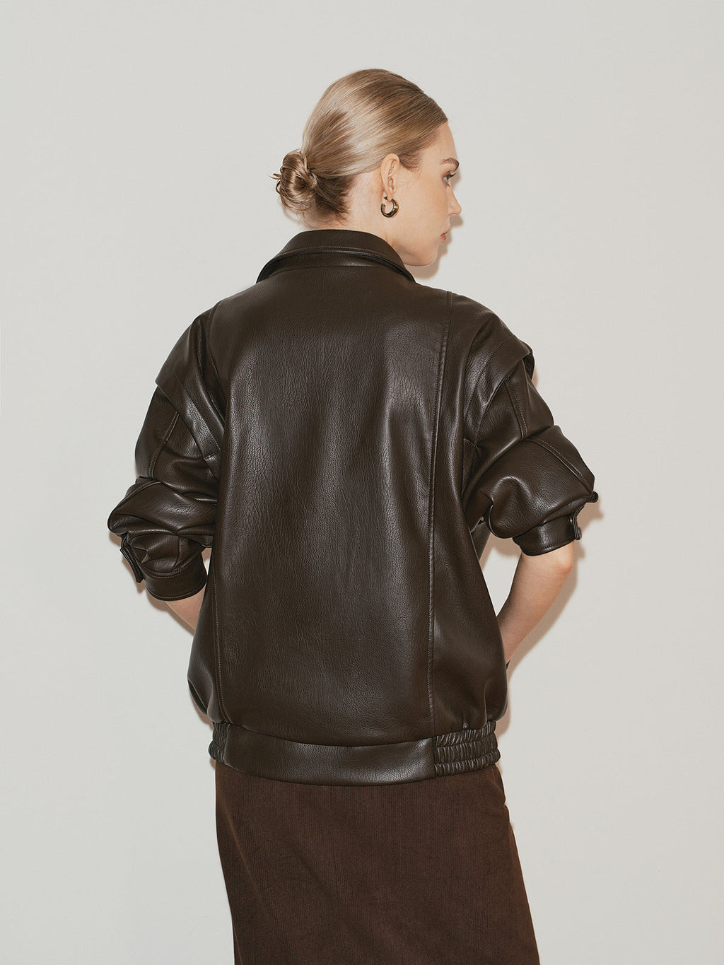 Dark Brown Lapel PU Leather Jacket with Faux Fur Lining