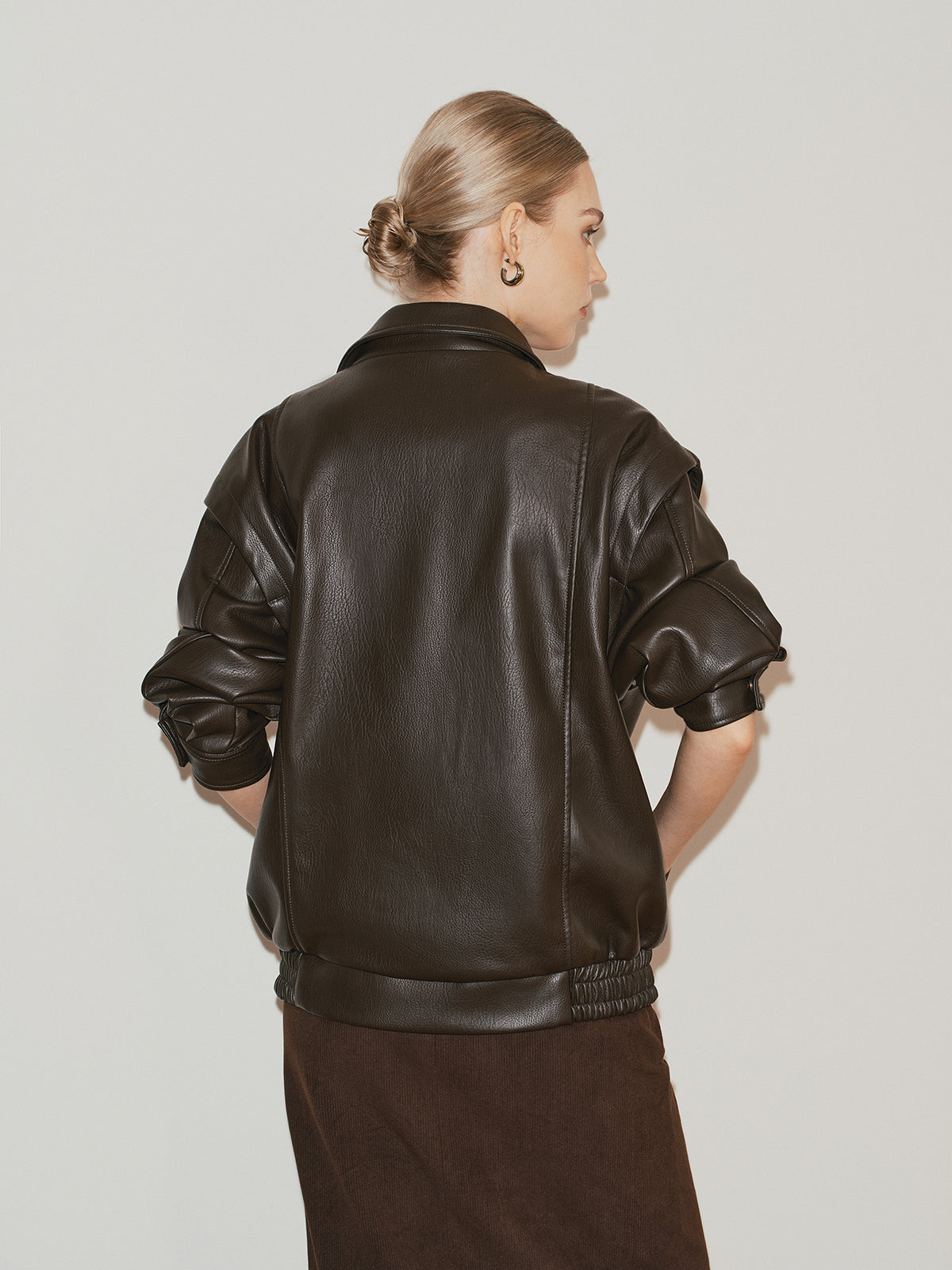 Dark Brown Lapel PU Leather Jacket with Faux Fur Lining