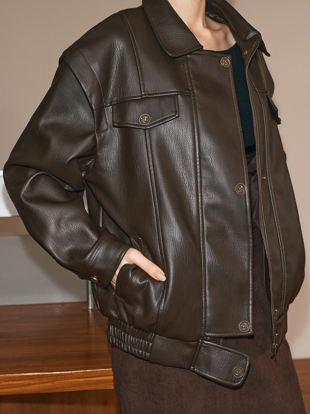 Dark Brown Lapel PU Leather Jacket with Faux Fur Lining