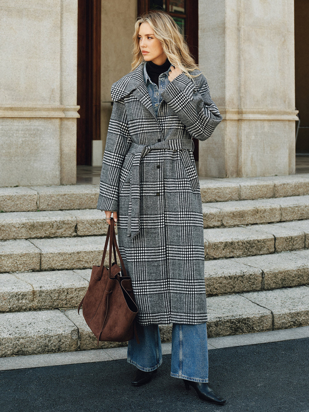 Belted Plaid Tweed Long Coat with Structured Shoulder Detail