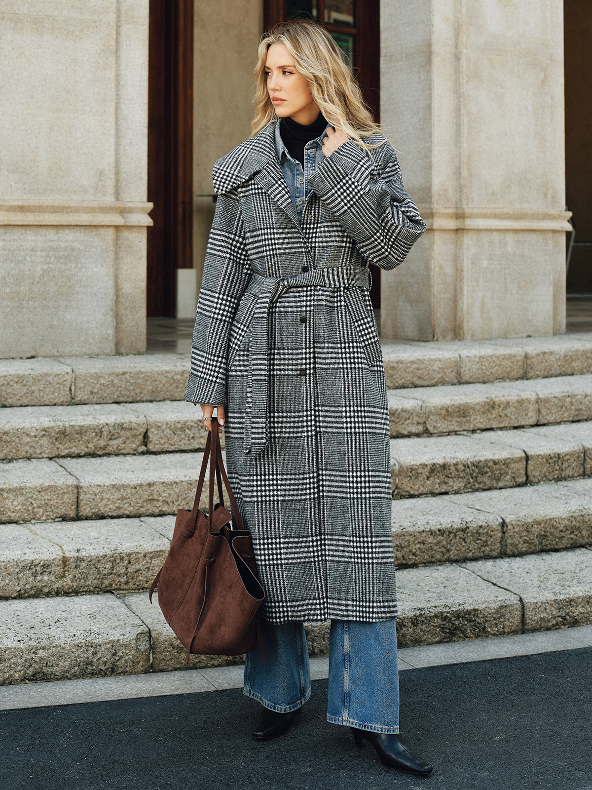 Belted Plaid Tweed Long Coat with Structured Shoulder Detail