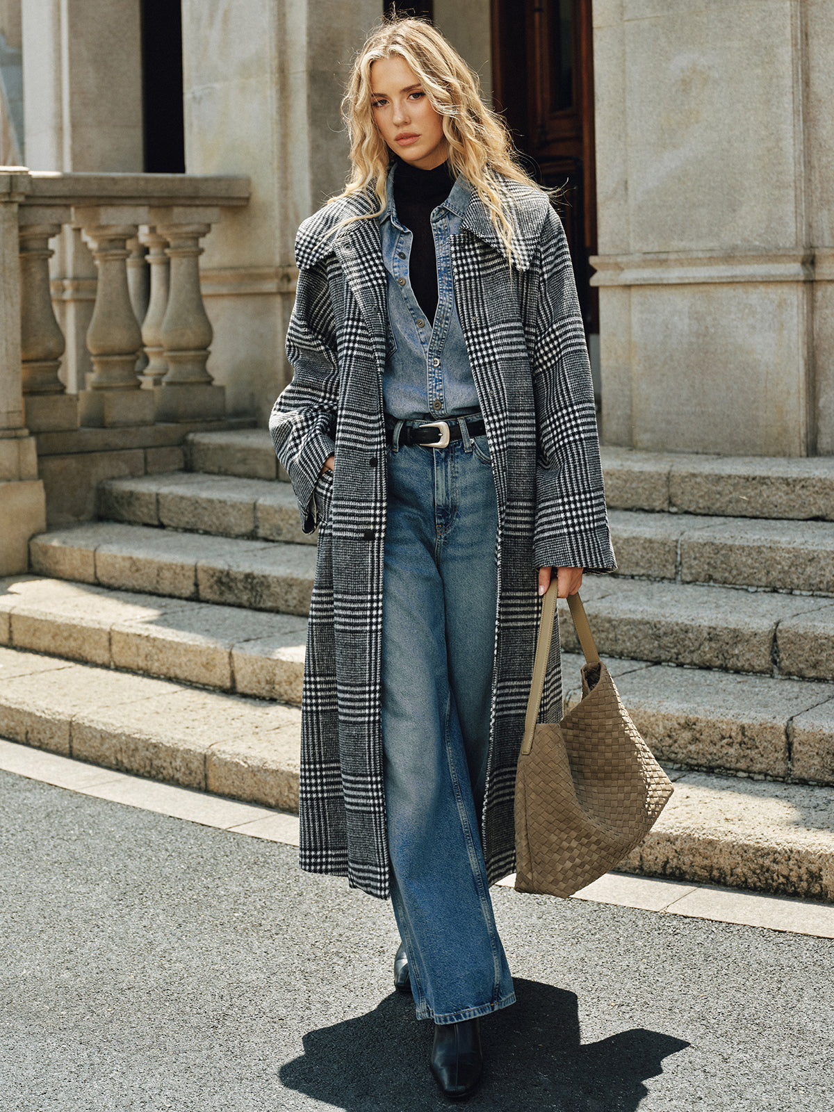 Belted Plaid Tweed Long Coat with Structured Shoulder Detail