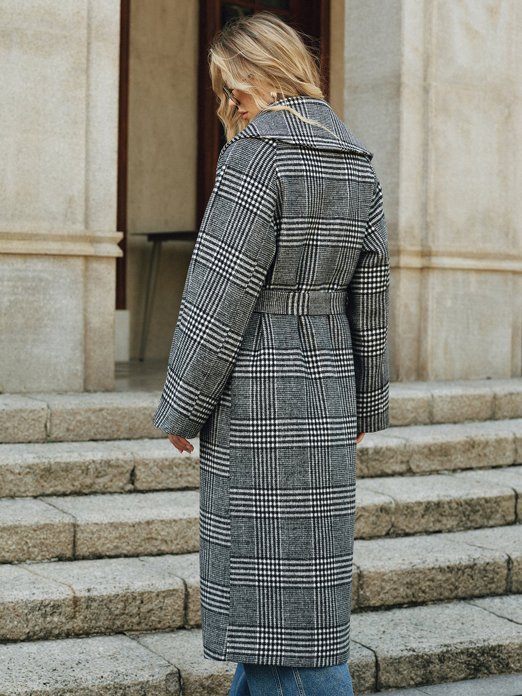 Belted Plaid Tweed Long Coat with Structured Shoulder Detail