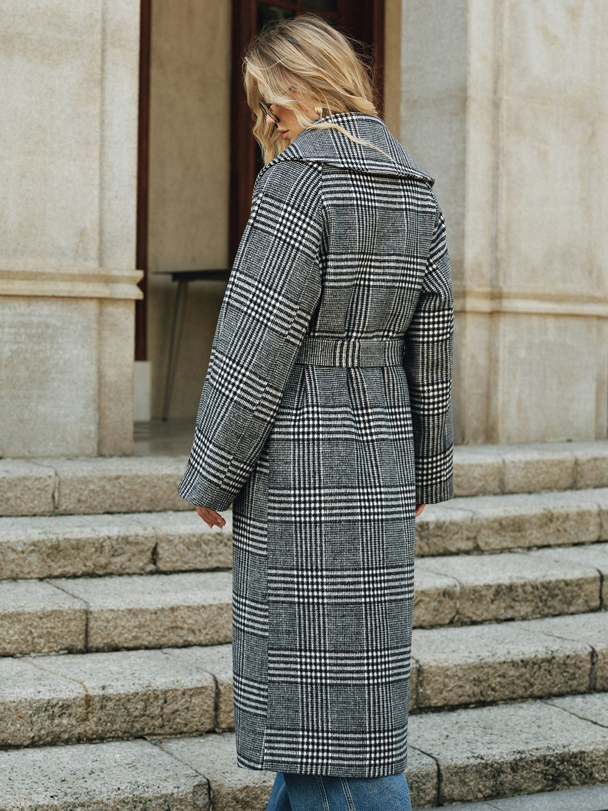 Belted Plaid Tweed Long Coat with Structured Shoulder Detail