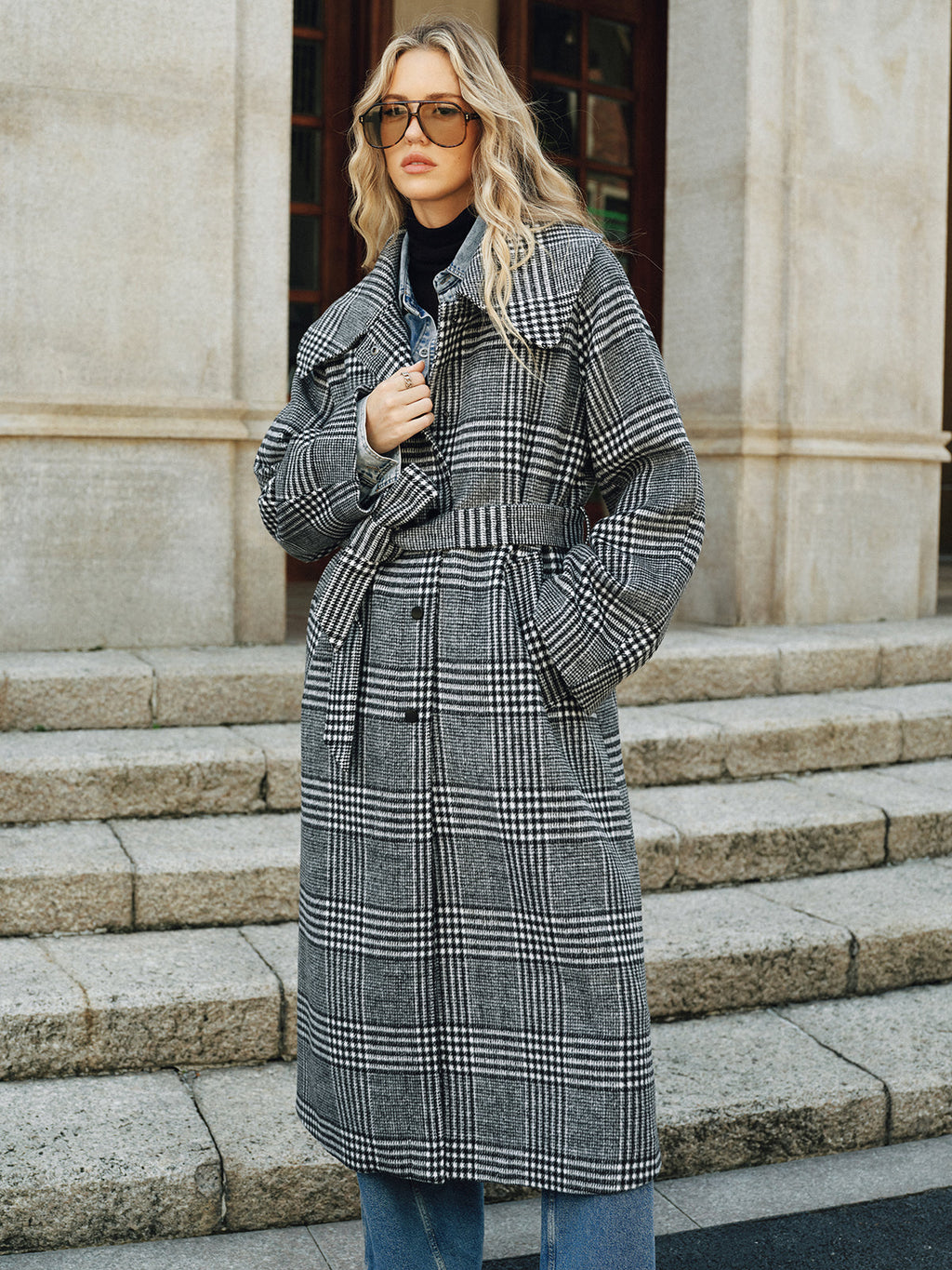 Belted Plaid Tweed Long Coat with Structured Shoulder Detail