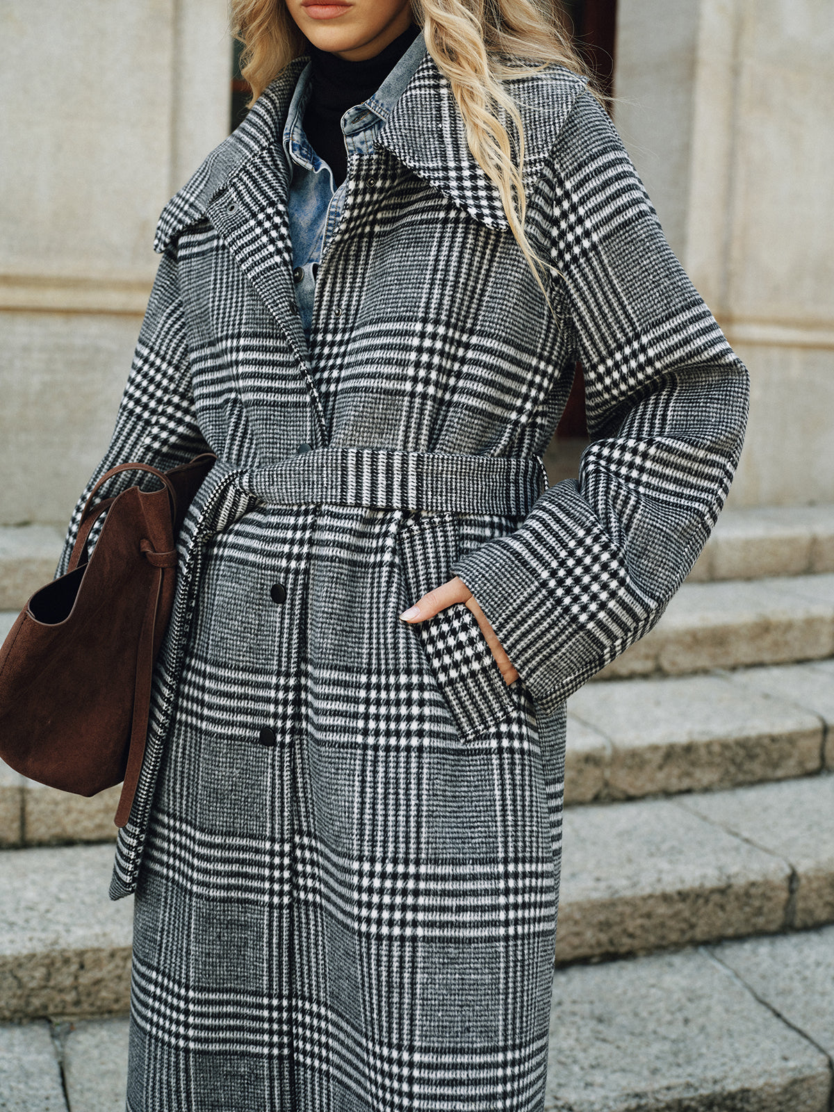 Belted Plaid Tweed Long Coat with Structured Shoulder Detail