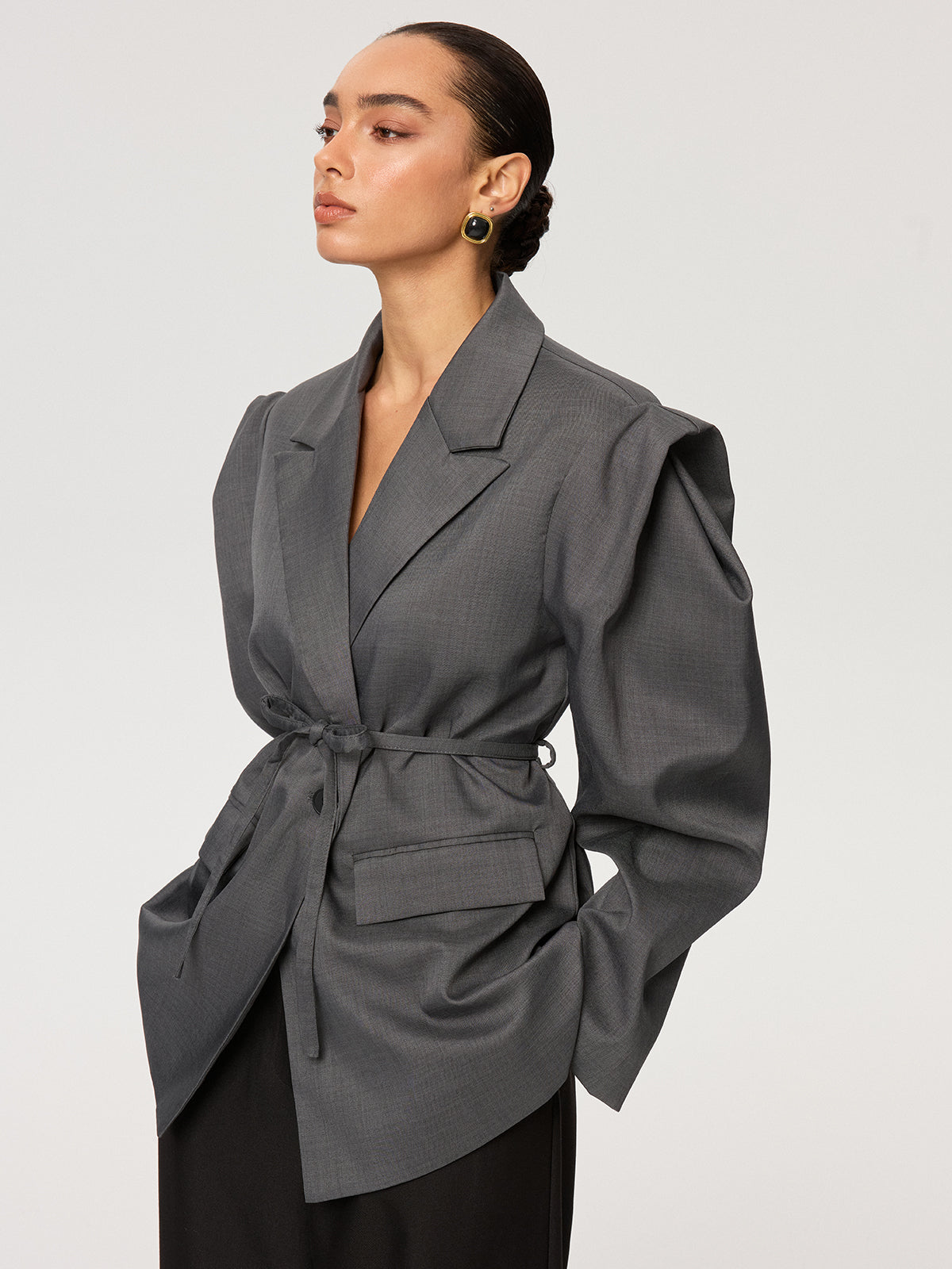 Women's Gray Puff Sleeve Belted Woven Blazer with Tie
