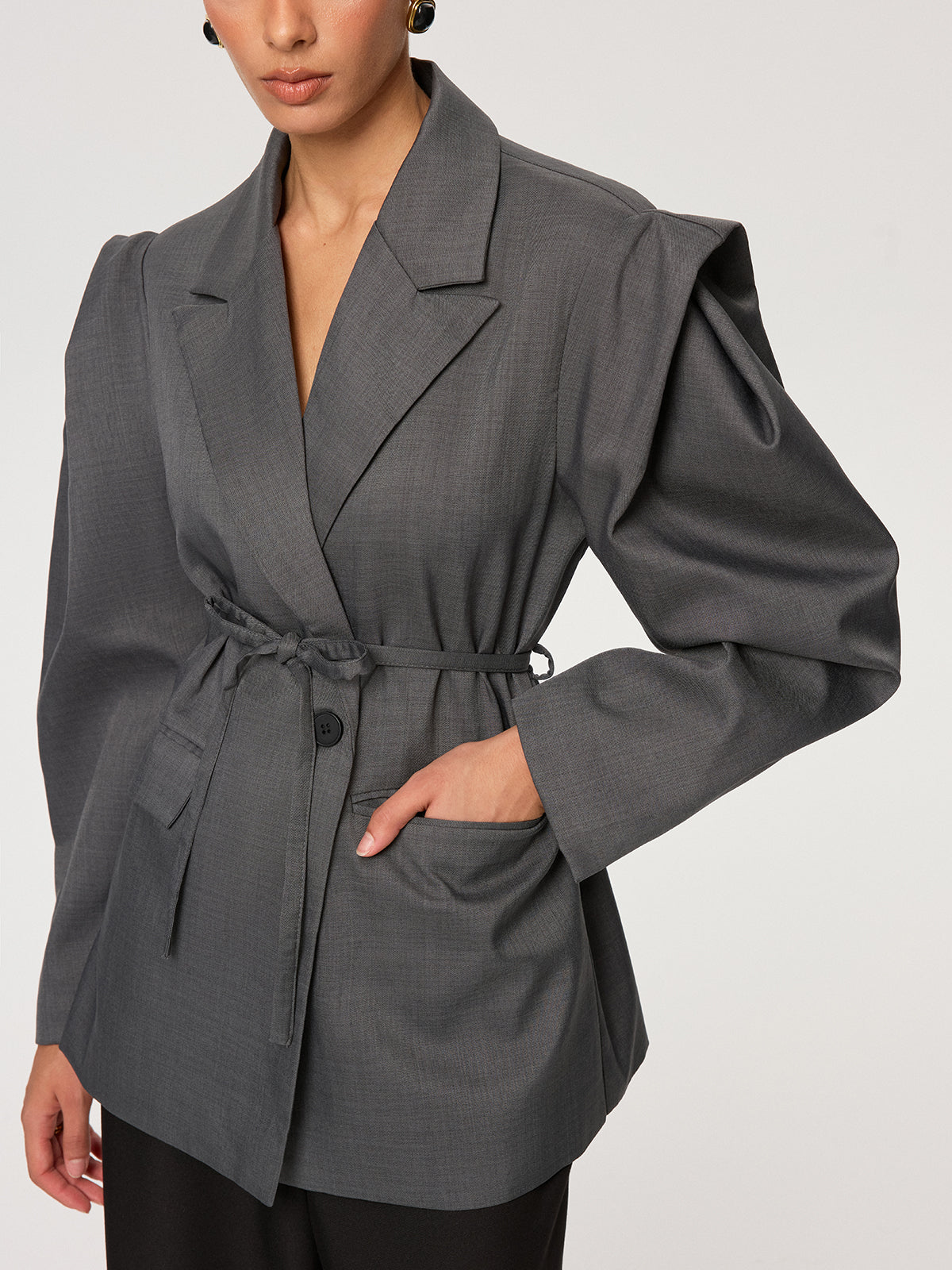 Women's Gray Puff Sleeve Belted Woven Blazer with Tie