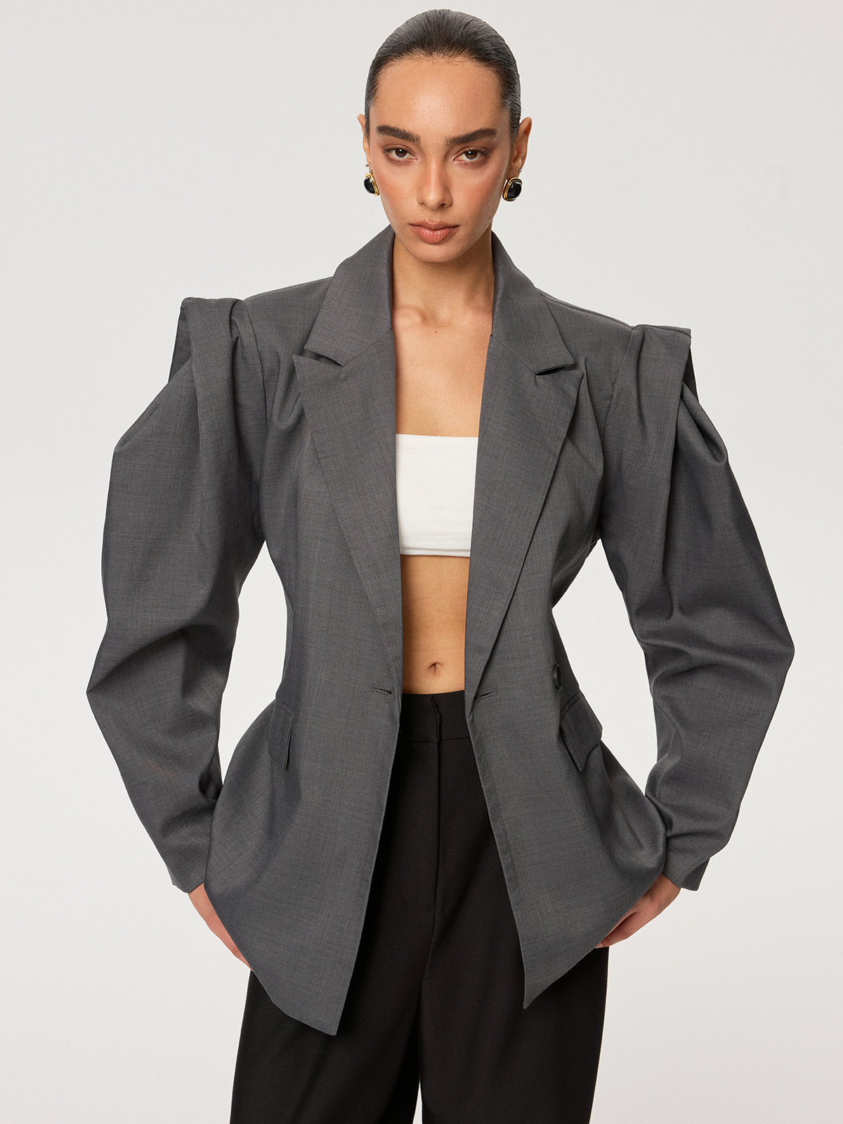 Women's Gray Puff Sleeve Belted Woven Blazer with Tie