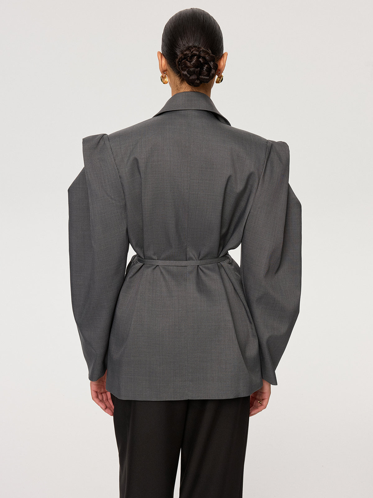 Women's Gray Puff Sleeve Belted Woven Blazer with Tie