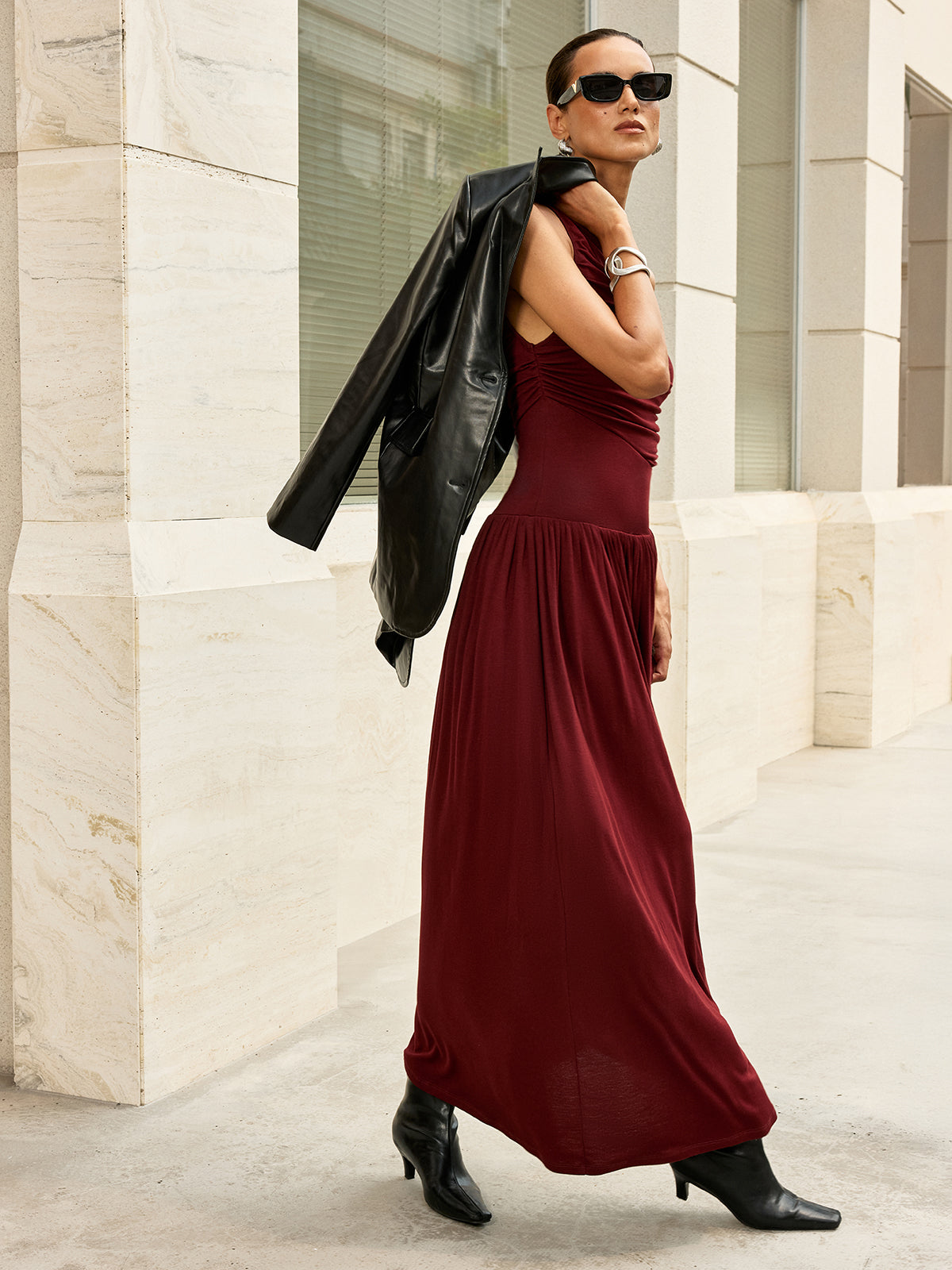 High-Stretch Ruched Sleeveless Jersey Maxi Dress with Invisible Zipper