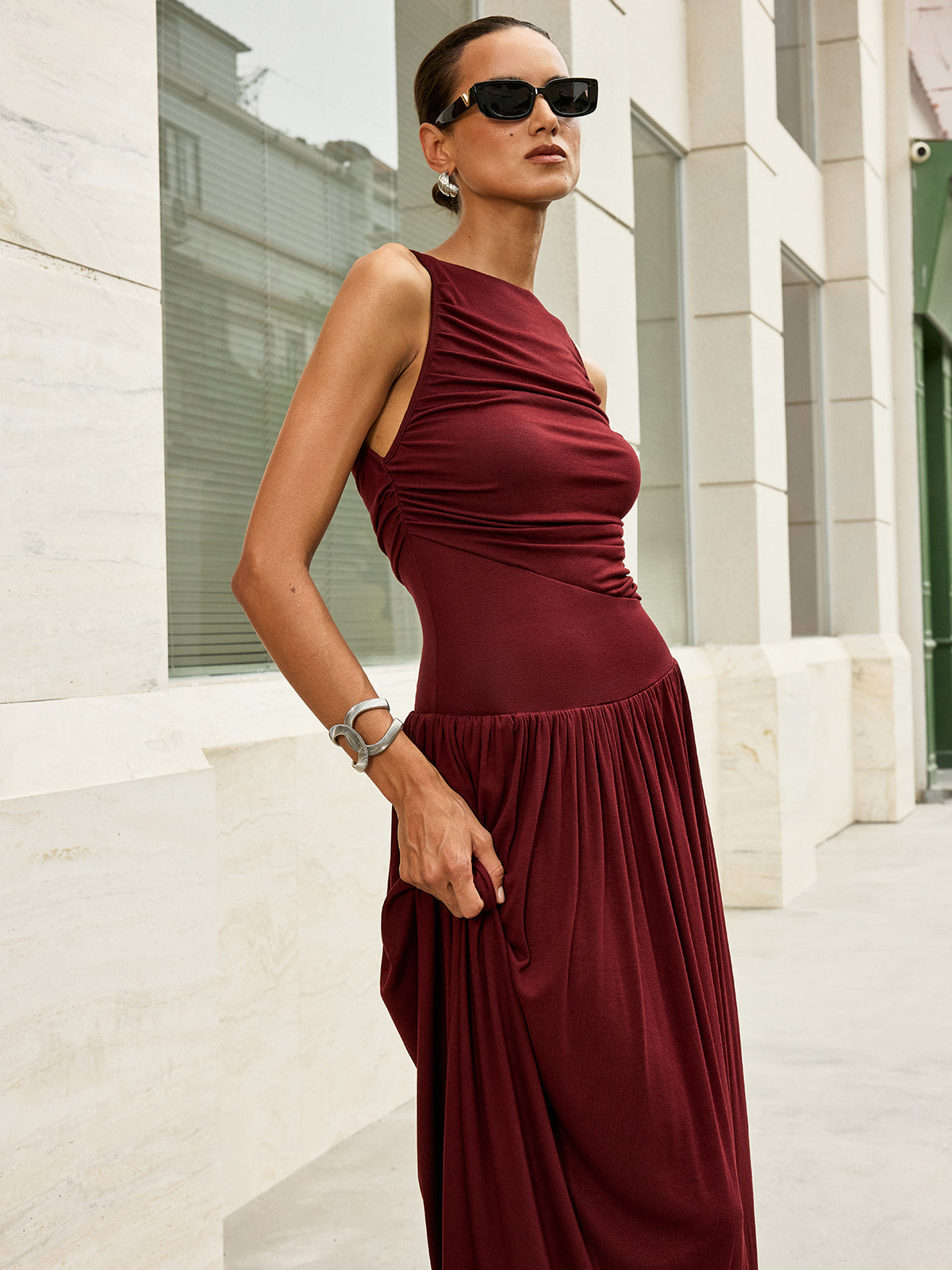 High-Stretch Ruched Sleeveless Jersey Maxi Dress with Invisible Zipper