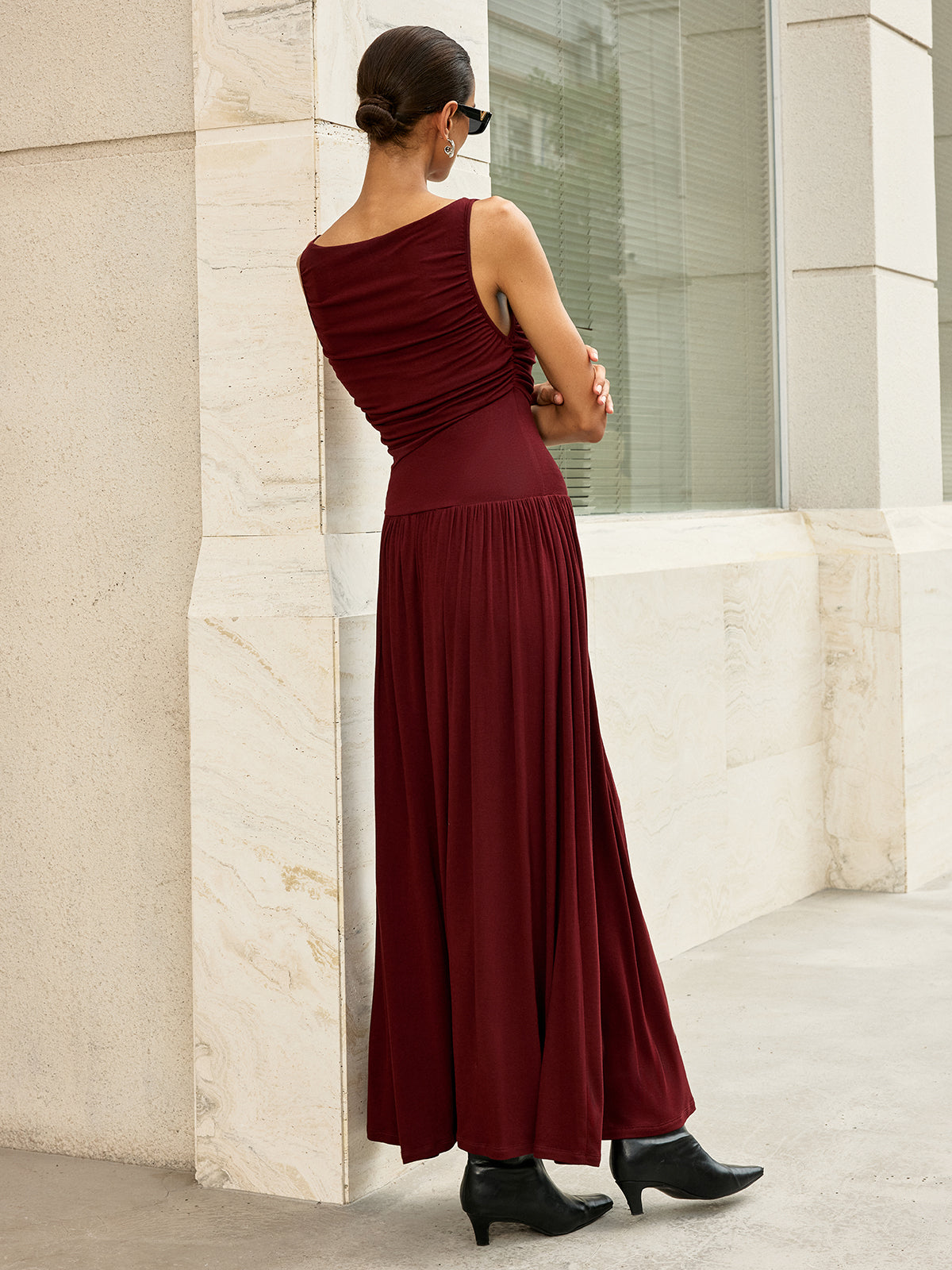 High-Stretch Ruched Sleeveless Jersey Maxi Dress with Invisible Zipper