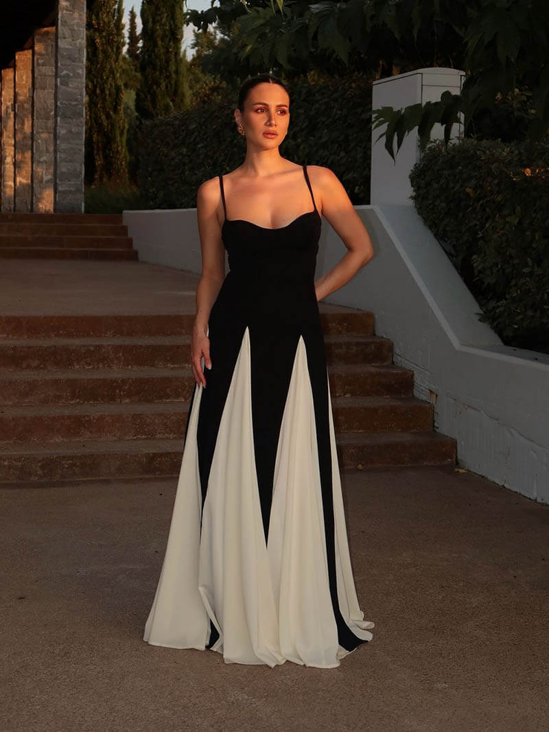 Charlotte Sleeveless Black and White Maxi Dress with Open Back