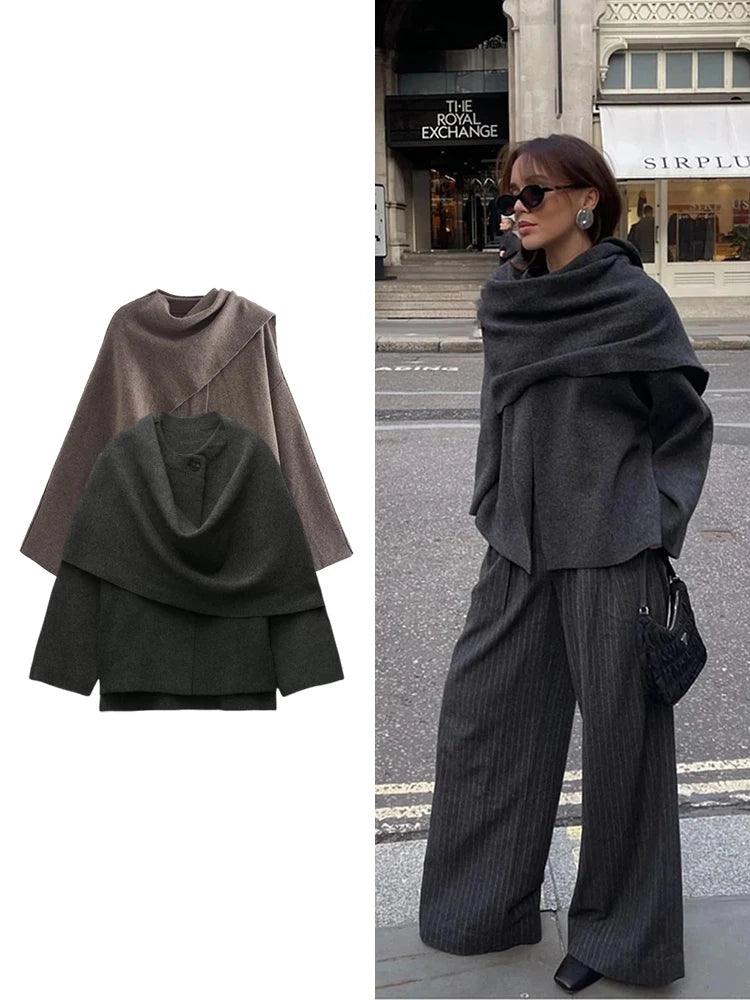 Asymmetric Wool Blend Poncho Lightweight Warm Draped Winter Layer