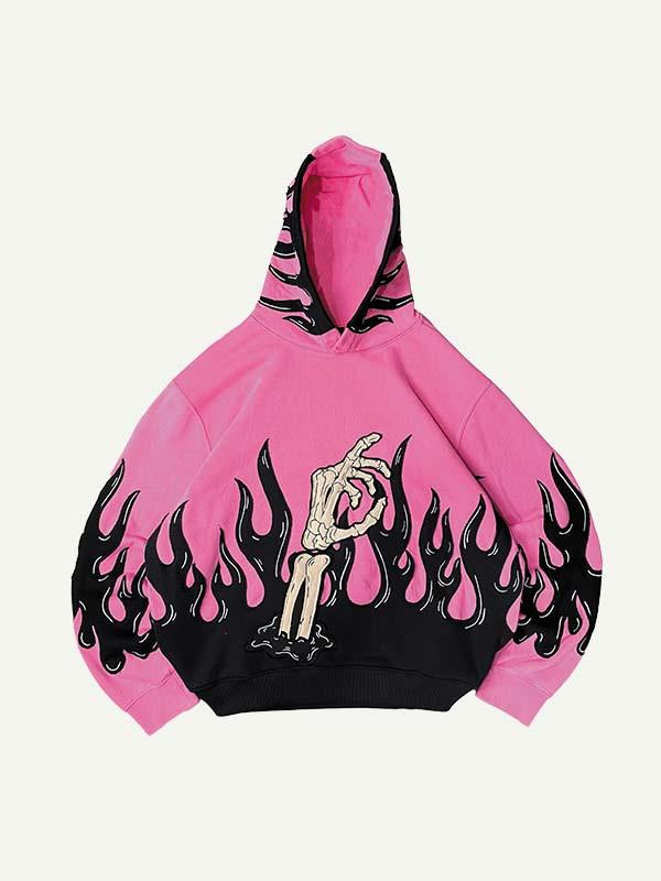 Edgy Skeleton Palm Fire Print Casual Hoodie with Slant Pockets
