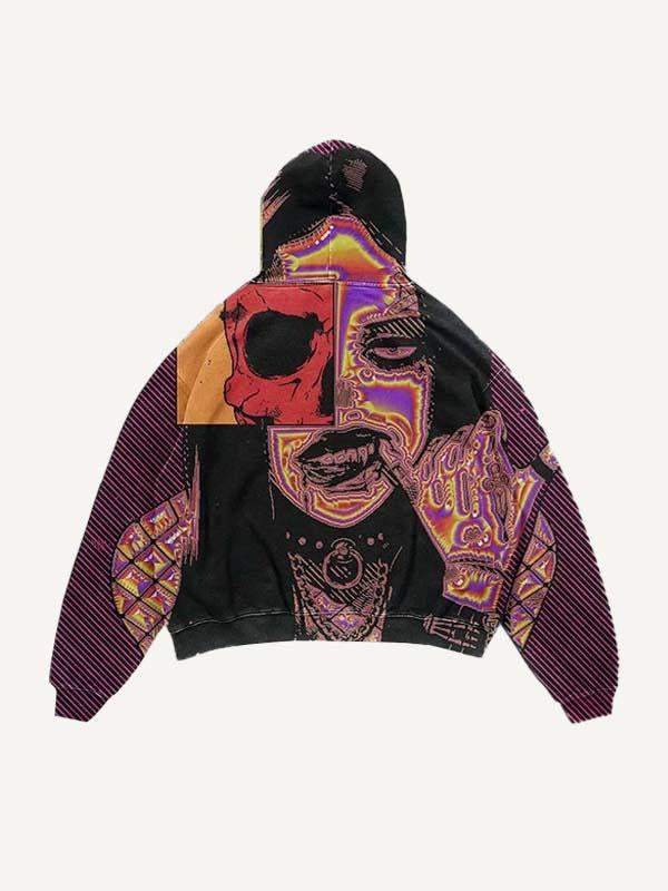 Bold Colorblock Skull & Striped Hoodie with Convenient Slant Pockets