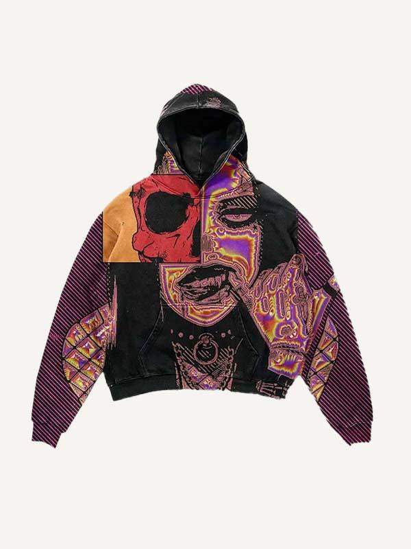 Bold Colorblock Skull & Striped Hoodie with Convenient Slant Pockets