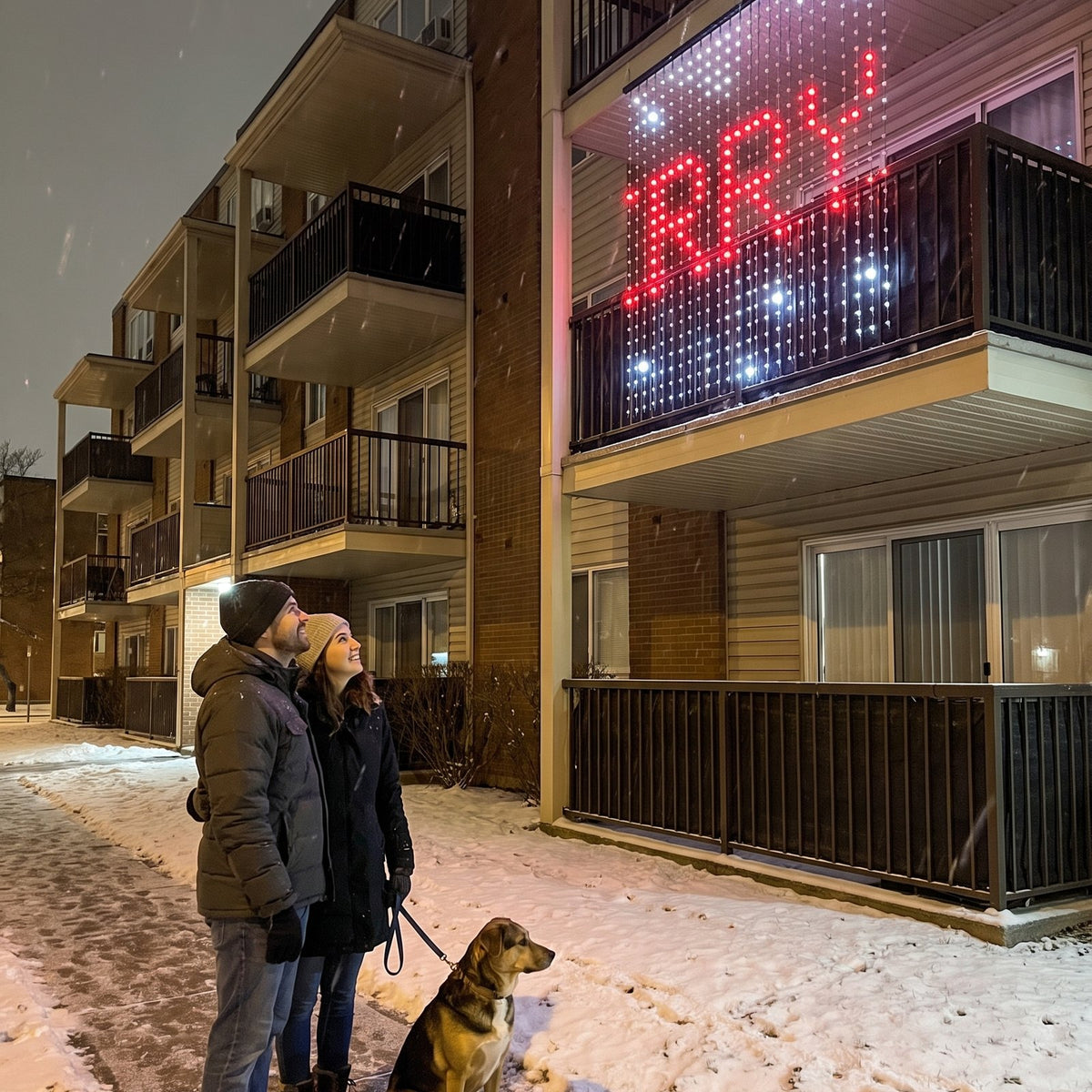 Neighbors walking a dog stop to look at scrolling letters on a balcony