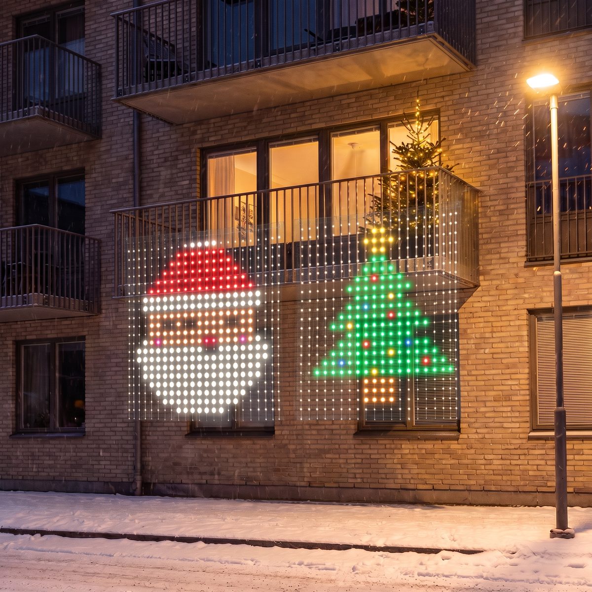 Two side by side: Santa on the left, the tree on the right, on one wide balcony.